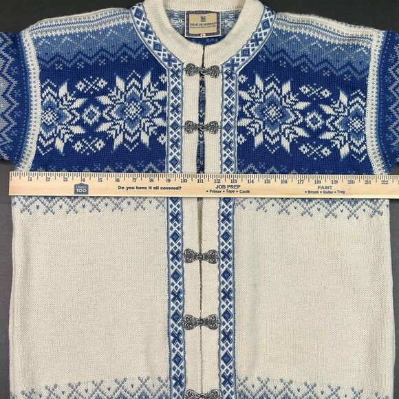 Dale of Norway Mens Cardigan Sweater sz L Fair Isle Wool Metal Clasps Blue White - Picture 10 of 11